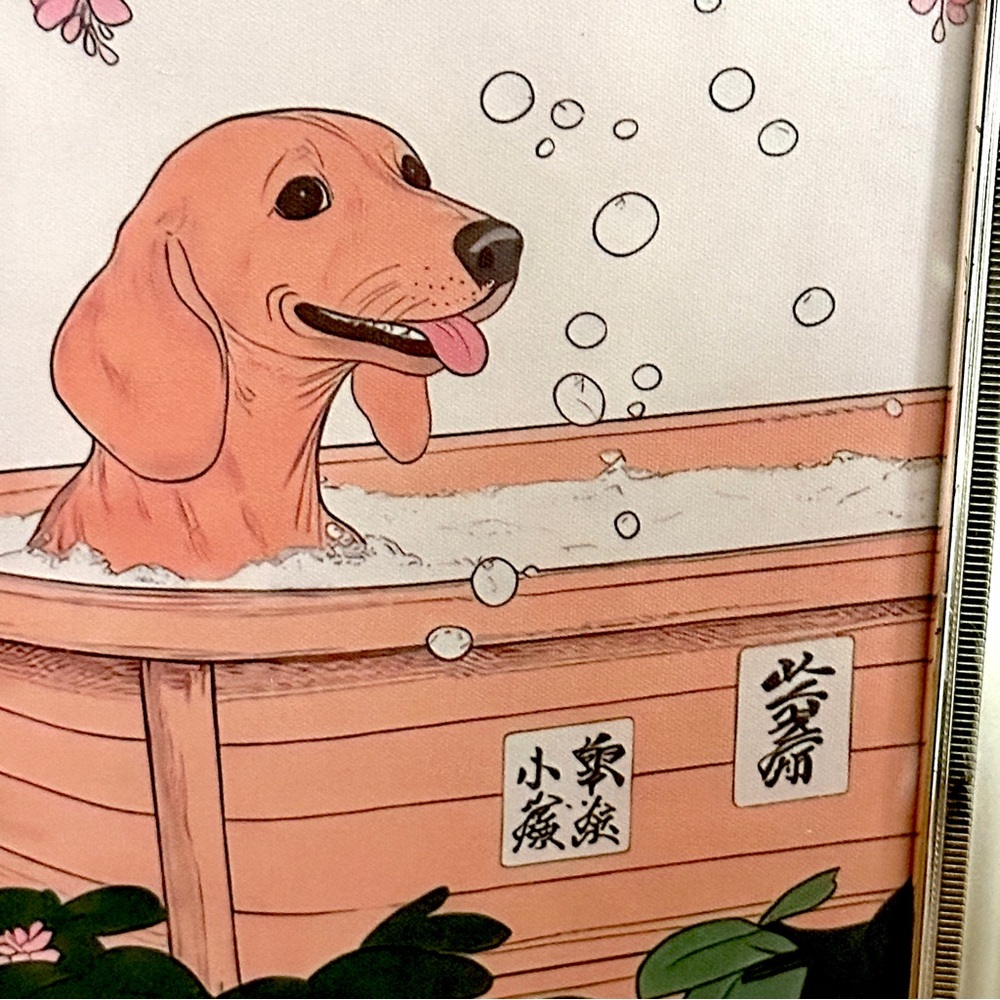 Tan Dachshund Bathtub Japanese Style Bathroom Print Bath Dog Wall Art Framed - Picture 4 of 10
